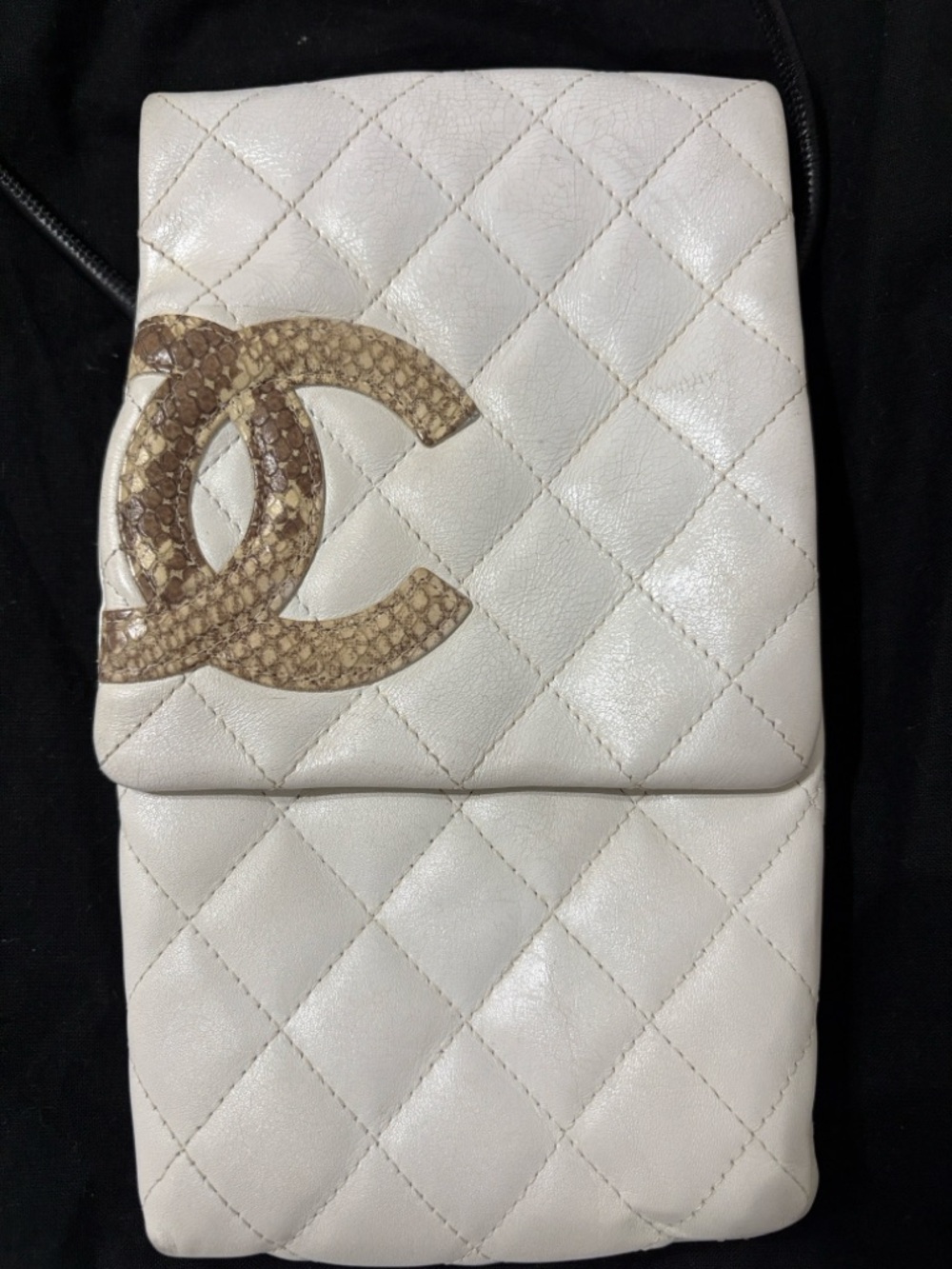Chanel ligne cambon White Quilted Leather Crossbody with Tan Snakeskin CC Accent